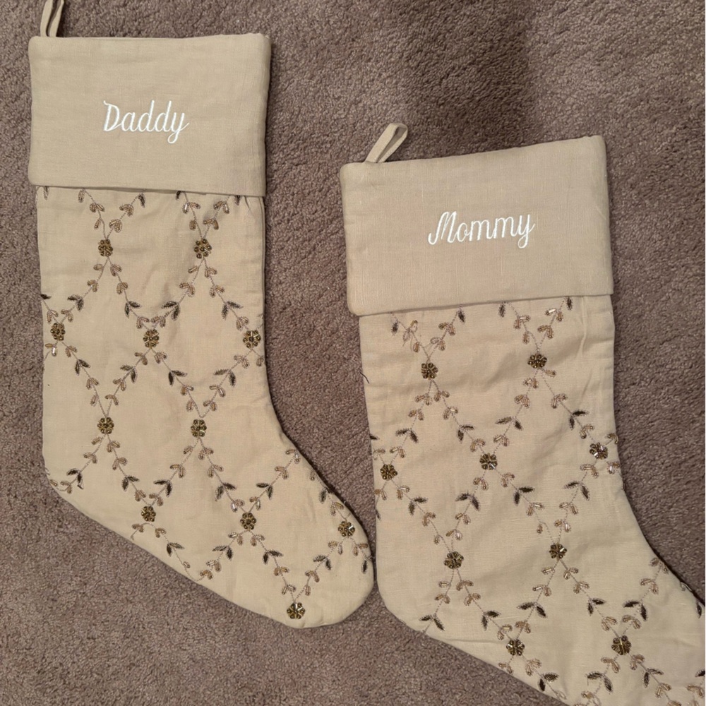 Pottery barn mommy daddy Christmas stockings excellent beaded embroidered tan